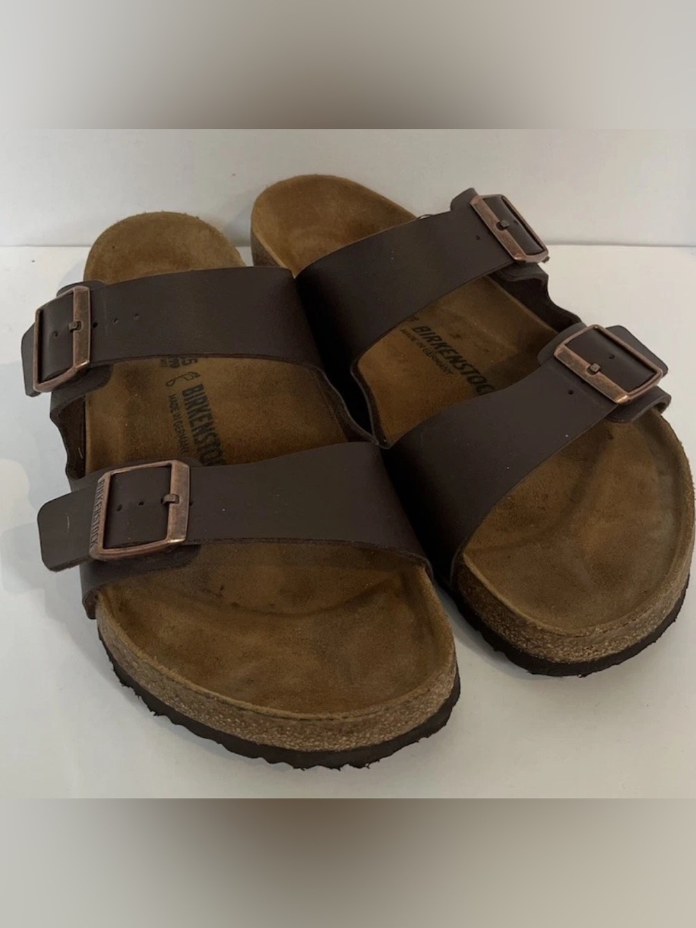 Men Arizona Birkenstock brown leather sandals double strap 45/12